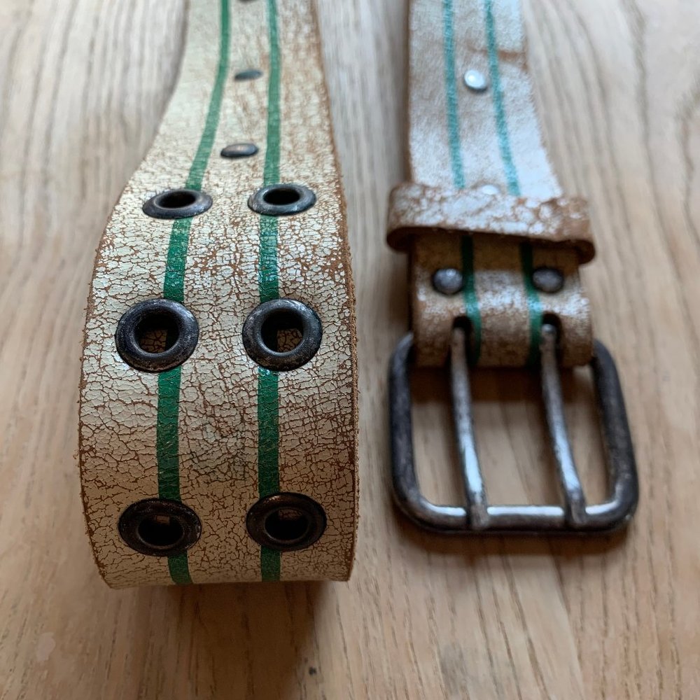 COPY - Unisex Double Prong BELT Distressed White Green Stripes